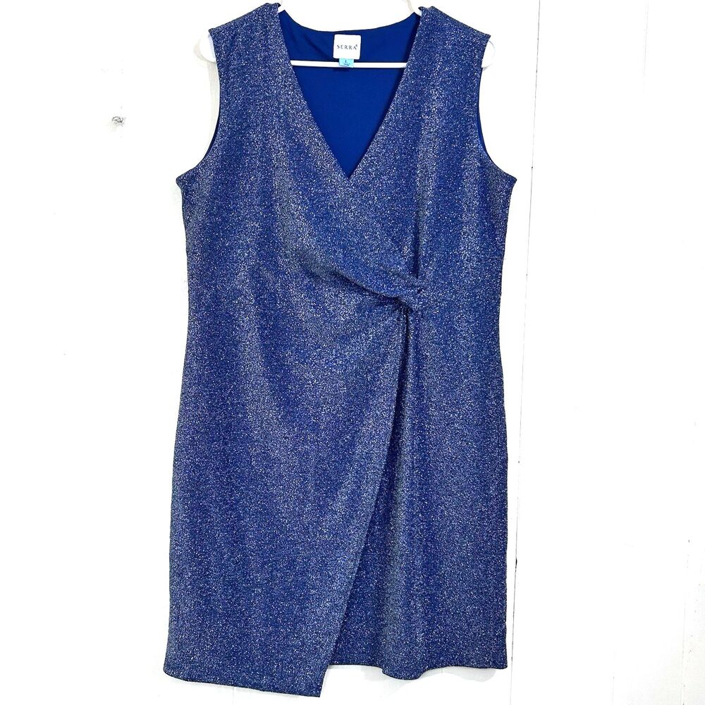 Serra Women’s Dress Size L Navy Blue Metallic Shimmer Sleeveless Wrap Dress